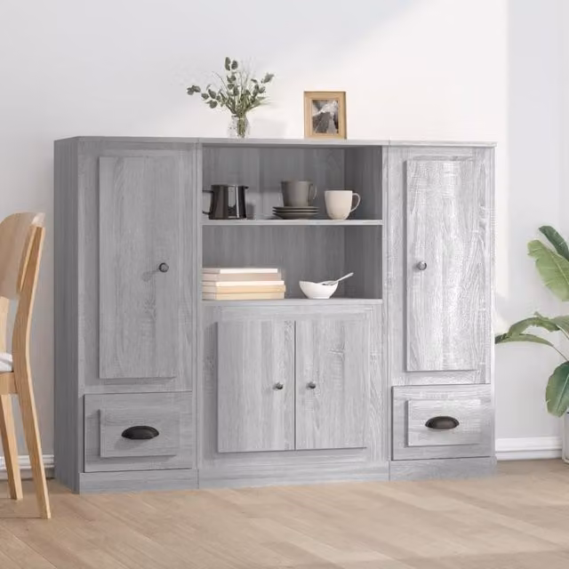 Berkfield Home Set of 3 Minimalist Smoked Oak Highboards in Grey Matt Engineered Wood