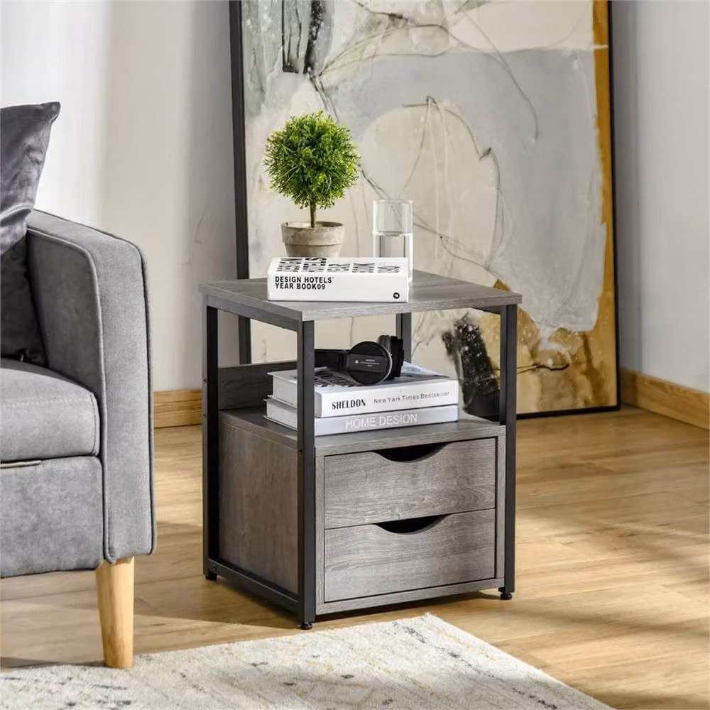 Nordara Slim Grey and Black Storage Cabinet End Table and Bedside Desk with Shelf – 3