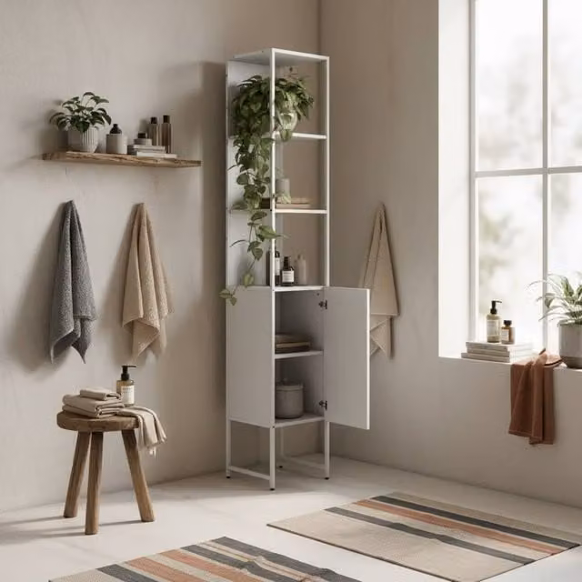 Wyld Haus Neliha Tall Bathroom Storage Cabinet in White, W/D/H: 33 x 33 x 185 cm – 1