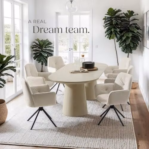tectake Set of 6 Lenia Swivel Dining Chairs with Velvet Fabric in Cream and Black – 2