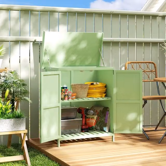 Outsunny Lacquered Wooden Storage Cabinet with Hinged Roof and Internal Shelves, Green