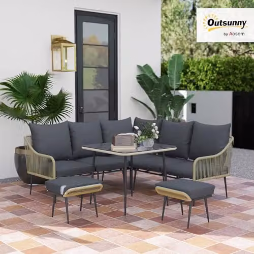 Outsunny 6 Piece Rattan Garden Furniture Set with L-Shape Corner Sofa, Ottoman, Coffee Table and Cushions in Grey – 2