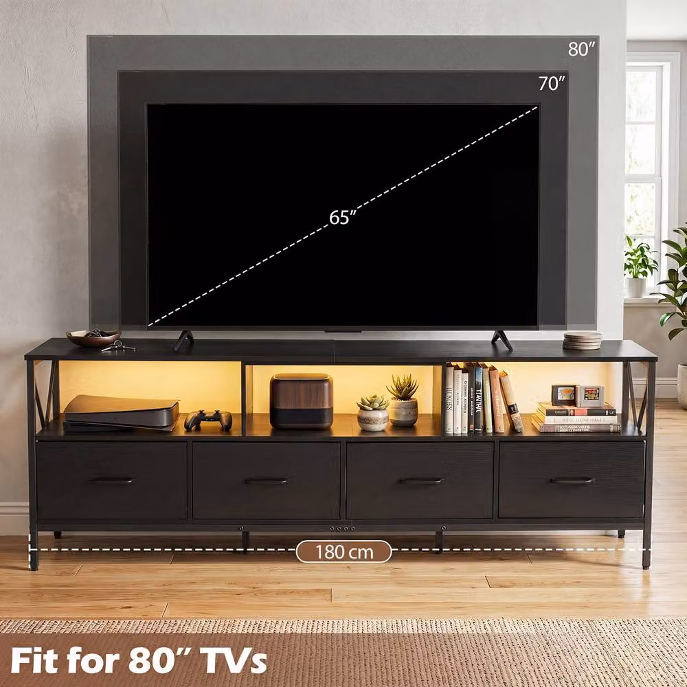 Gymax LED Entertainment Center for TVs up to 80 inch, Extra Long Industrial TV Unit with 4 Drawers, Black – 2