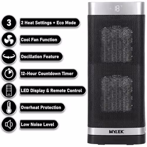 MYLEK 2000W Ceramic Fan Heater with Remote Control, Timer, Cold Mode and Tilt Protection, Silver and Black – 2
