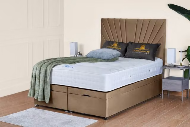 UK Bed Furniture Sunrise End Lift Divan Ottoman Bed with 54 Inch Headboard in Beige, Size: Super King, W/D/H: 200 x 200 cm – 1