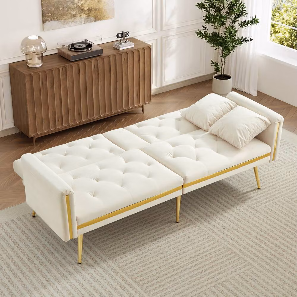 ModernLuxe Convertible 2-Seater Velvet Sofa Bed with Adjustable Backrest and Cup Holders in White – 3