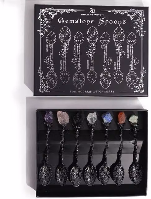 KDMD Set of 7 Dark Silver and Black Gemstone Crystal Witch Spoons for Rituals and Decor – 1