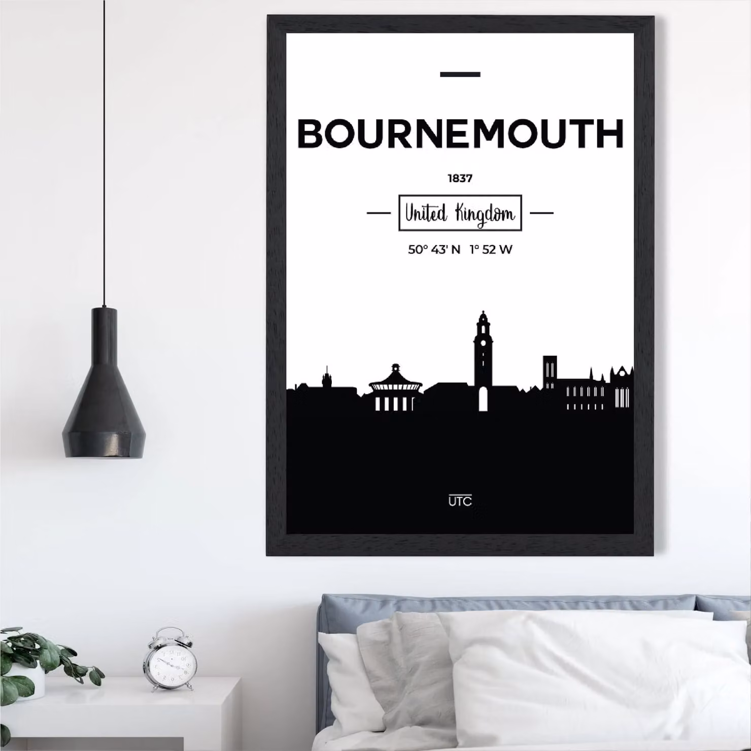 ARTZE Bournemouth Black and White City Skyline Framed Print, A3, Black Frame – 2