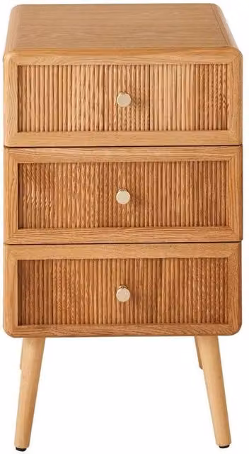 CALICOSY 3-Drawer Bedside Table with Slatted Fronts in Light Brown, Height: 71 cm – 1
