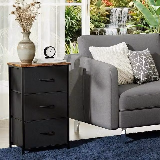 London Boutique Fabric Chest of Drawers Bedside Cabinet with 3 Drawers, Black and Multicolour, W/D/H: 40 x 30 x 75 cm – 1