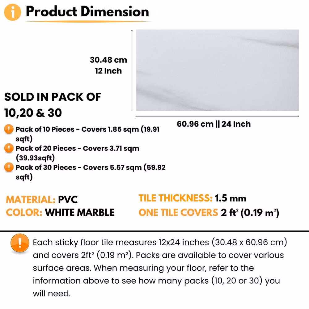 Novecrafto Self Adhesive White Marble Effect Vinyl Floor Tiles, 30 Pieces, W: 30.48 cm x D: 60.96 cm – 2