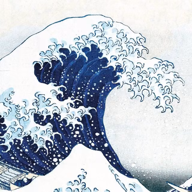 The Great Wave Oriental Wall Mural in Blue, W: 192 cm