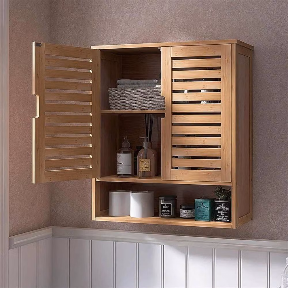 KORVIXA Natural Bamboo Wall Mounted Bathroom and Kitchen Cabinet in Brown with Hinged Doors and Internal Shelves, W/D/H: 66.5 x 59.0 x 2.0 cm – 3