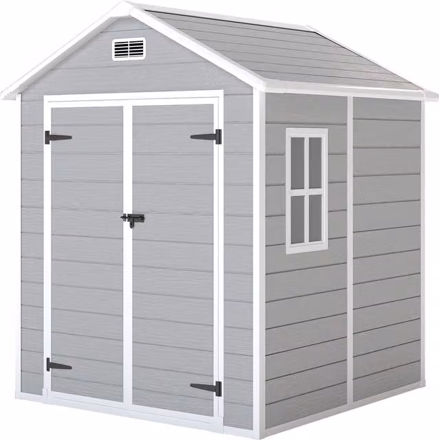 Outsunny Wood Effect Resin Outdoor Tool Shed with Lockable Double Doors and Air Vents, Light Grey