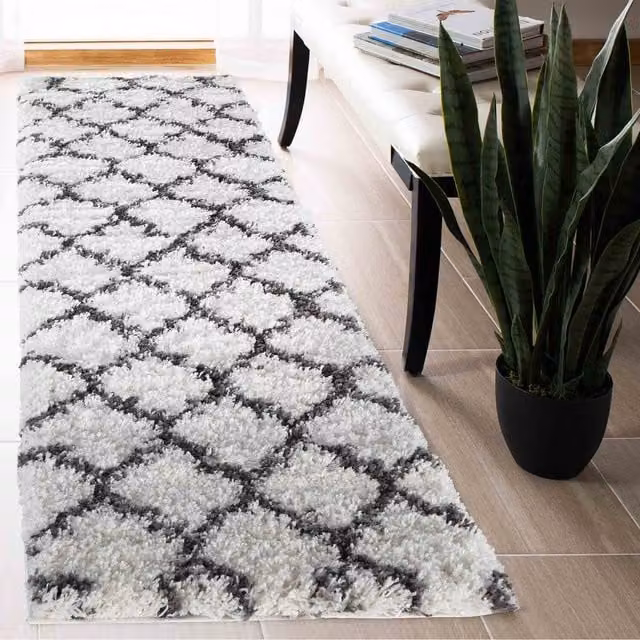 Desire Rugs Moroccan Berber Boho Shaggy Runner in Beige and White, W/D: 60 x 220 cm
