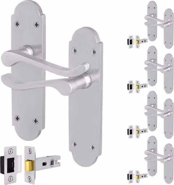 AFIT Satin Chrome Door Handles with Latch, 5 Pairs of Silver Backplate Handles
