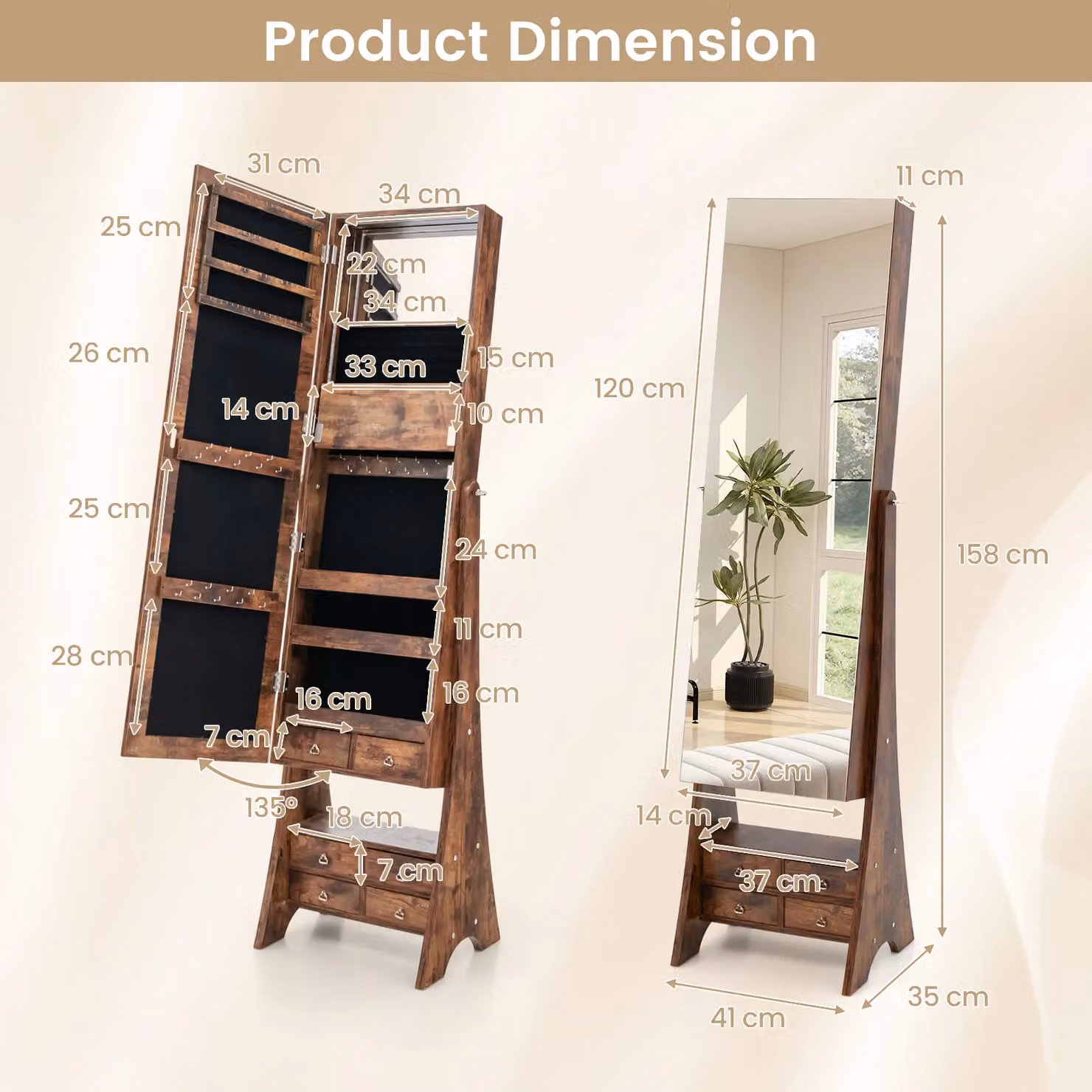 Costway Freestanding Brown Wood Jewelry Armoire with LED Lighting and Mirror – 2