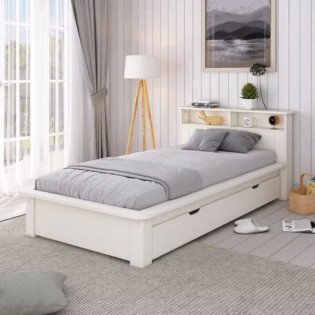 Bedmaster Faye Modern White Lacquered Solid Wood Storage Bed with Drawers