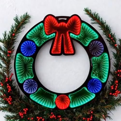 Christmas Shop Infinity Mirror Wreath LED 3D Illusion Lamp in Green and Multicolour, 60 cm – 3