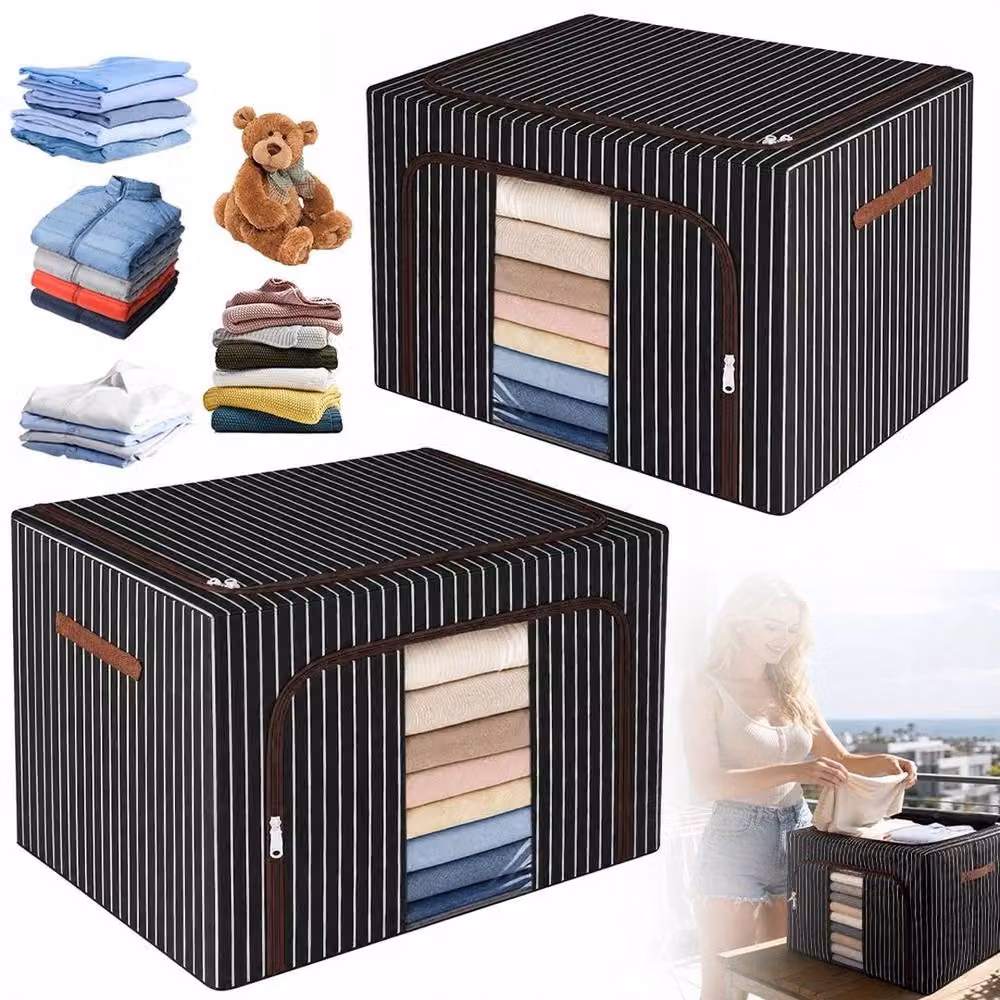 FLAVORA Set of 2 Black Folding Storage Boxes, 100L Each, Made of Fabric and Metal – 6