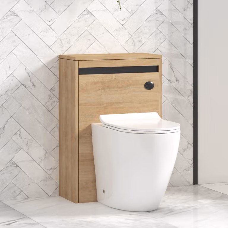 Royal Bathrooms Orion 540mm Natural Oak Wall Mounted WC Unit with Elva Rimless Short Projection Ceramic Toilet Pan, Slim Soft Close Seat and Cistern with Black Accent Trim