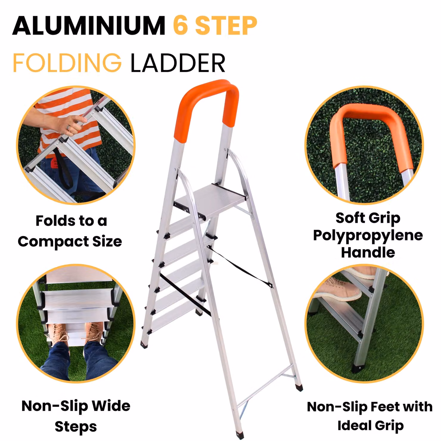 Novecrafto 6-Step Lightweight Aluminium Folding Stepladder in Silver and Orange, Height: 167 cm – 2