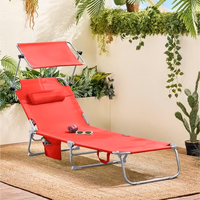 SoBuy Red Outdoor Garden Beach Folding Sun Lounger with Adjustable Sun Canopy and Headrest