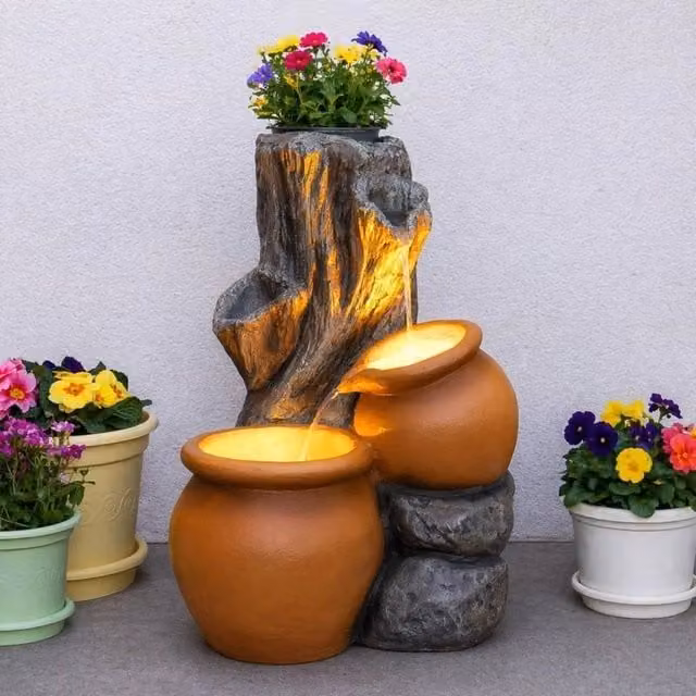 SPETLEK Tree Trunk Planter Water Feature Fountain in Brown – 1