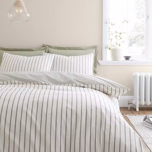 Bianca Hampton Stripe 200 Thread Count Cotton Percale Reversible Duvet Cover and Pillowcase Set, Green, W/D/H: 200 x 200 cm and 50 x 75 cm