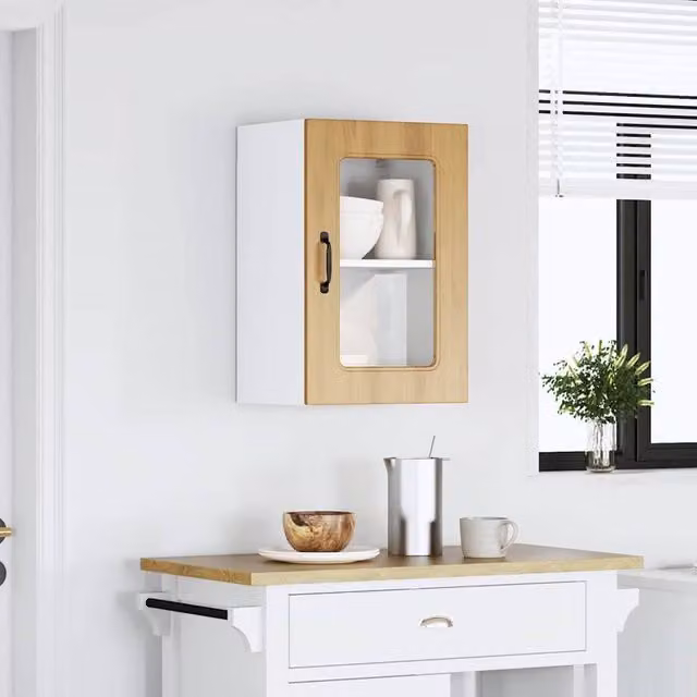 Berkfield Home Lucca High Gloss Kitchen Wall Cabinet with Glass Doors in White and Brown, W/D/H: 60.0 x 31.0 x 40.0 cm