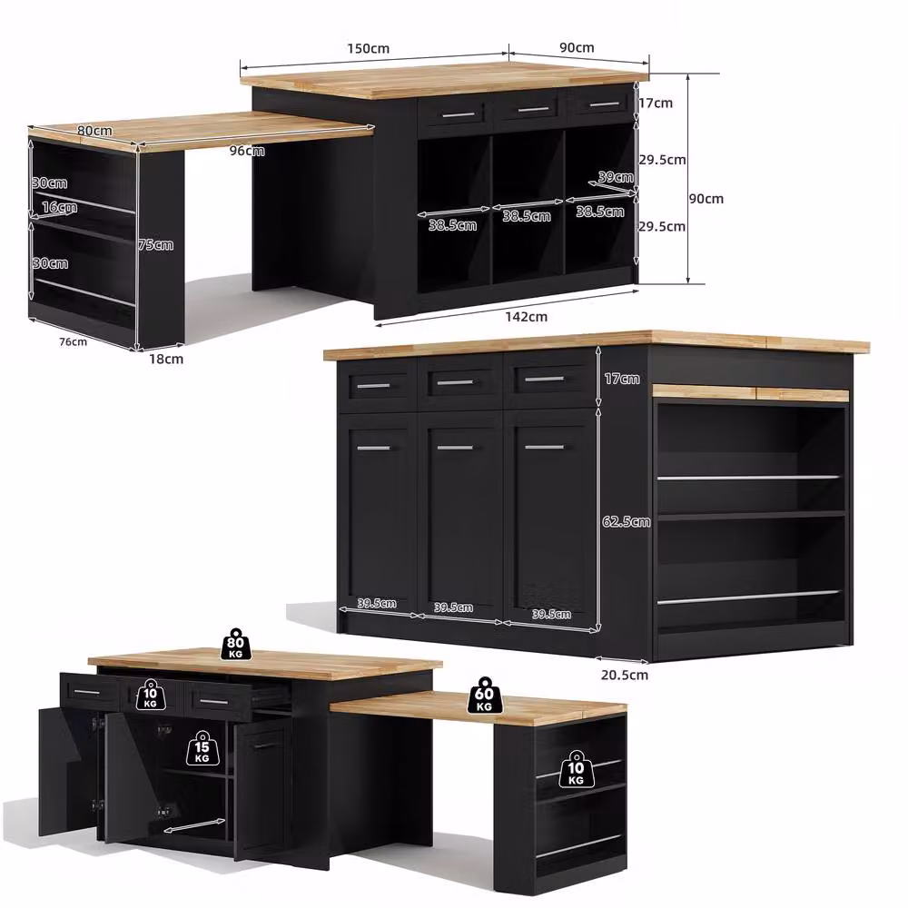 Merax Kitchen Island with Extendable Dining Table and Wood Effect Top in Black, W/D/H: 150 x 90 x 90 cm – 3