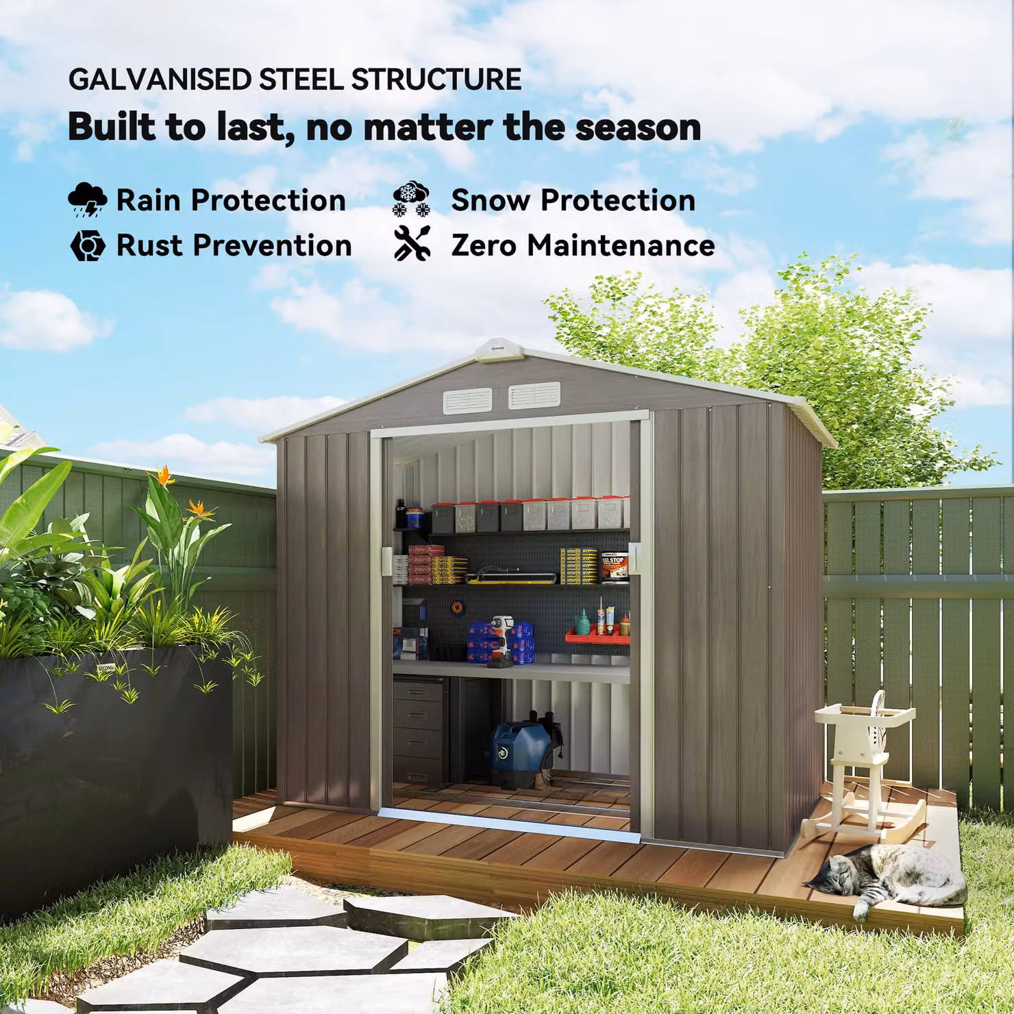 Outsunny Large Galvanised Steel Garden Storage Shed with Locking Sliding Doors and Side Vent in Brown – 3