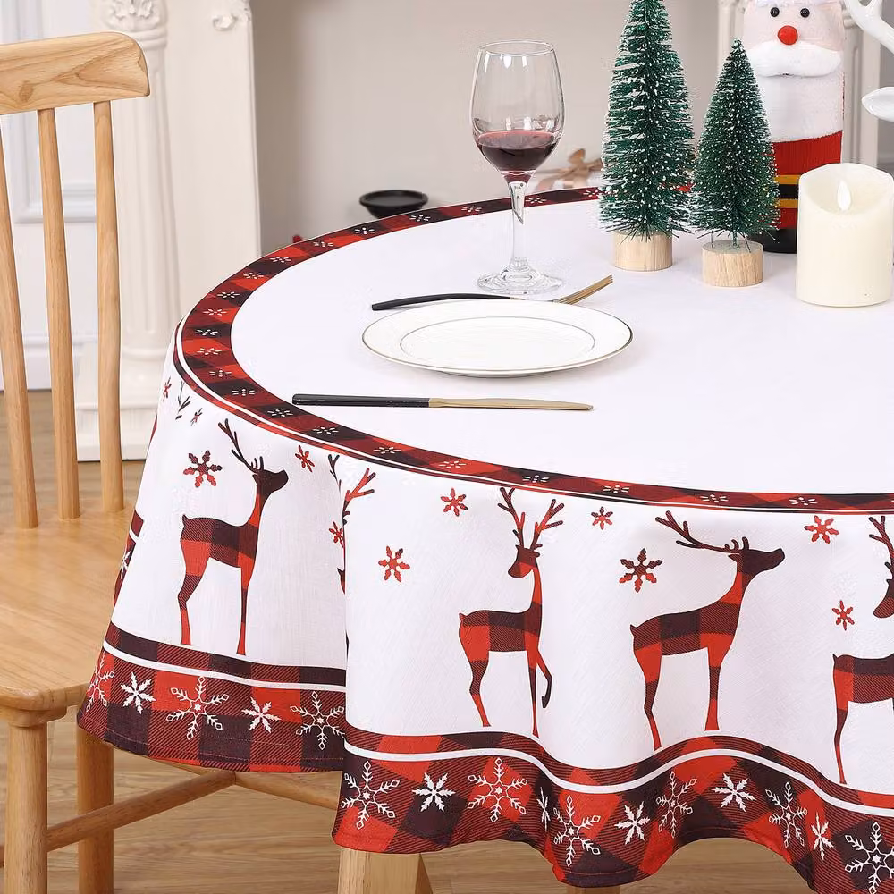 London Boutique Round Water-Resistant Polyester Christmas Tablecloth with Deer Design in White, Diameter: 152.4 cm – 2