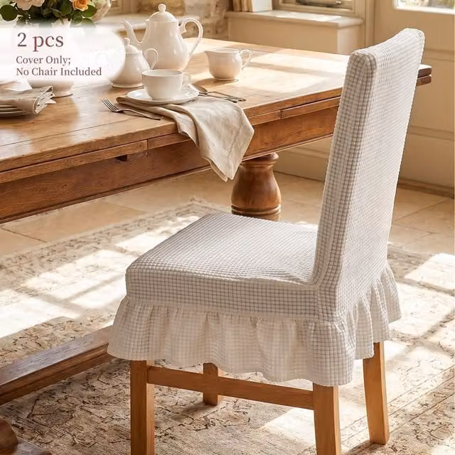 Livingandhome Set of 2 Ruffled Dining Chair Covers with Tie Straps and Elastic Stretch, Beige