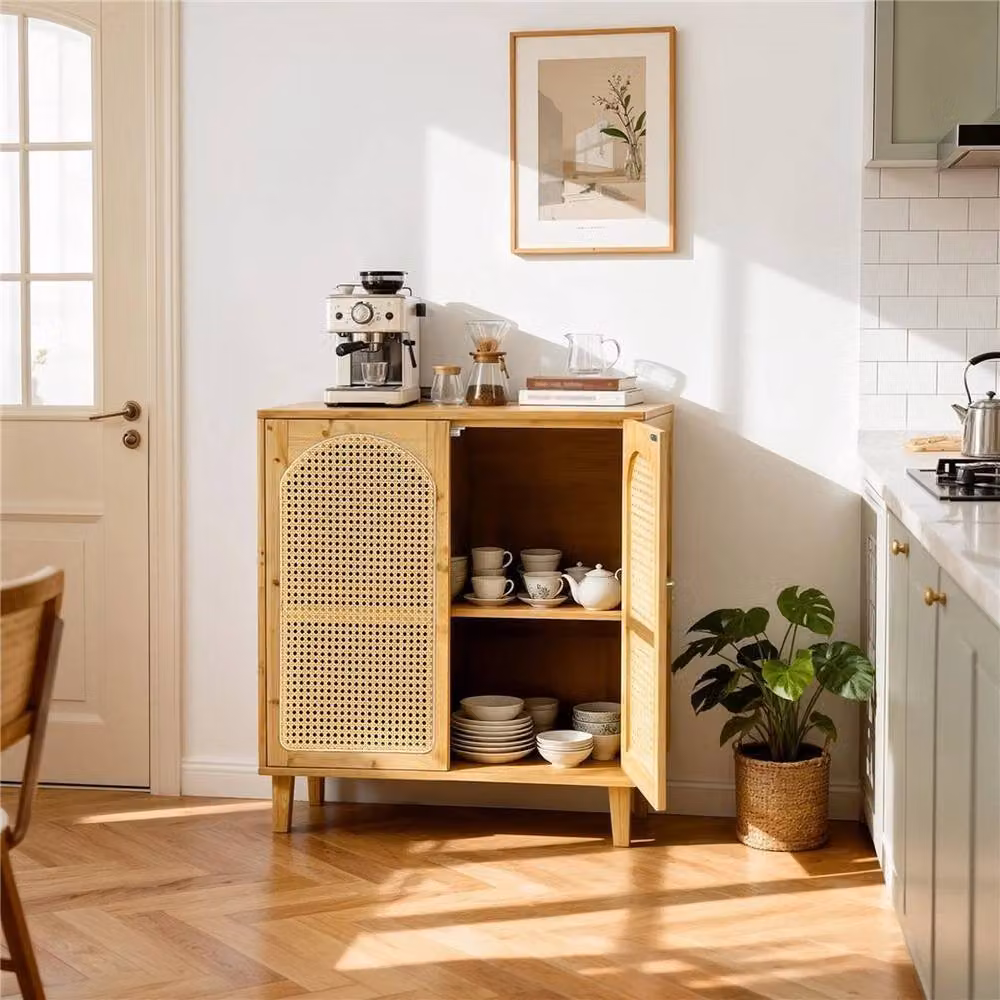 KORVIXA Bamboo Boho Kitchen Sideboard and Buffet Pantry Storage Cabinet in Natural Brown, W/D/H: 100 x 100 x 100 cm – 3