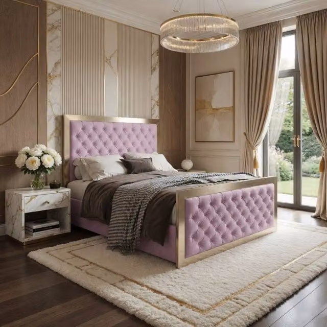 KDMD Minsmere King Size Upholstered Velvet Bed Frame with Lift Up Base in Pink and Black