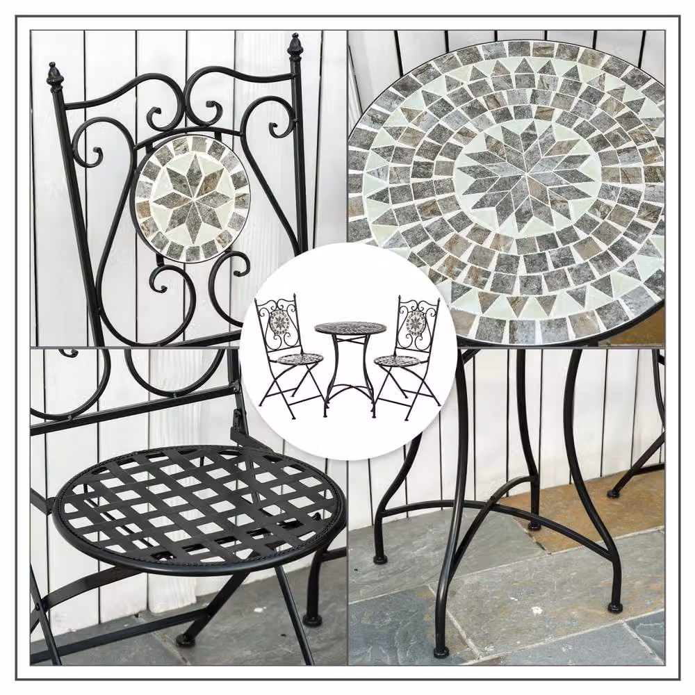 Wyld Haus Lilera 3 Piece Grey Mosaic Tile Bistro Set with Folding Metal Chairs – 5