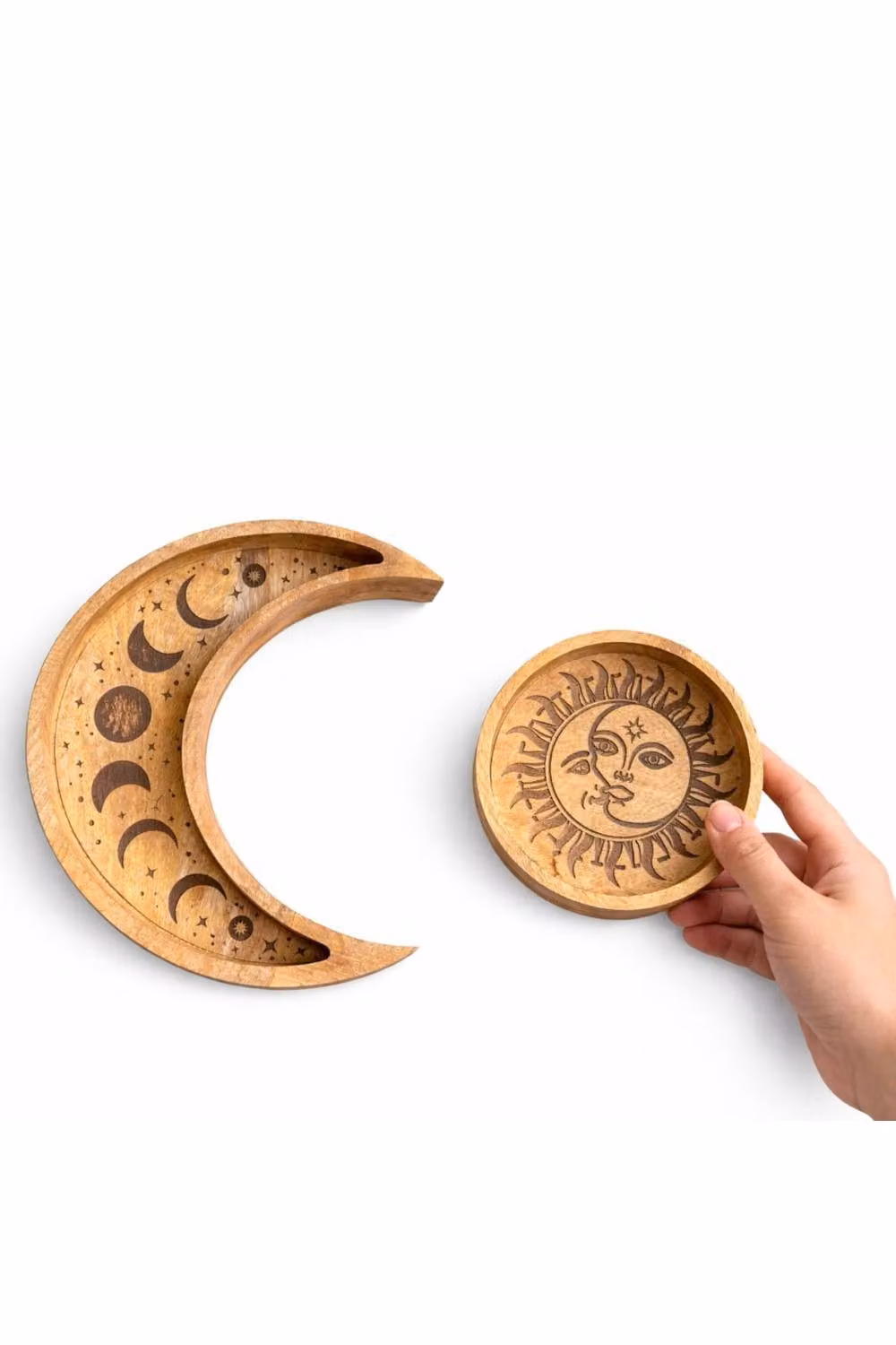 KDMD Moon and Sun Shaped Round Wooden Tray Set in Brown for Jewelry and Candles – 2
