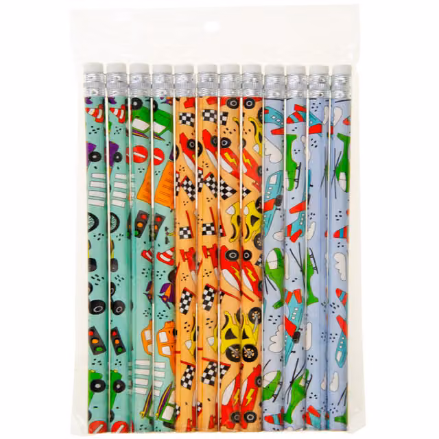 LG-Imports Pack of 12 Multicolour Vehicles Design Graphite Pencils with Eraser and White Wood Finish