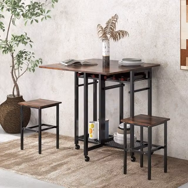 COSTWAY Brown Wood Square Dining Table and Chairs Set for 4 Adults