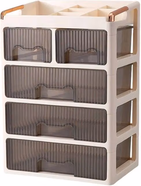 FORGEVIO Makeup Organiser Holder Case with 3 Large and 2 Small Drawers, Beige, Width: 50 cm – 1