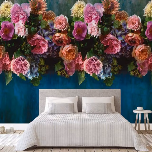 Grandeco Peony Bloom Floral Mural Wallpaper in Petrol Blue