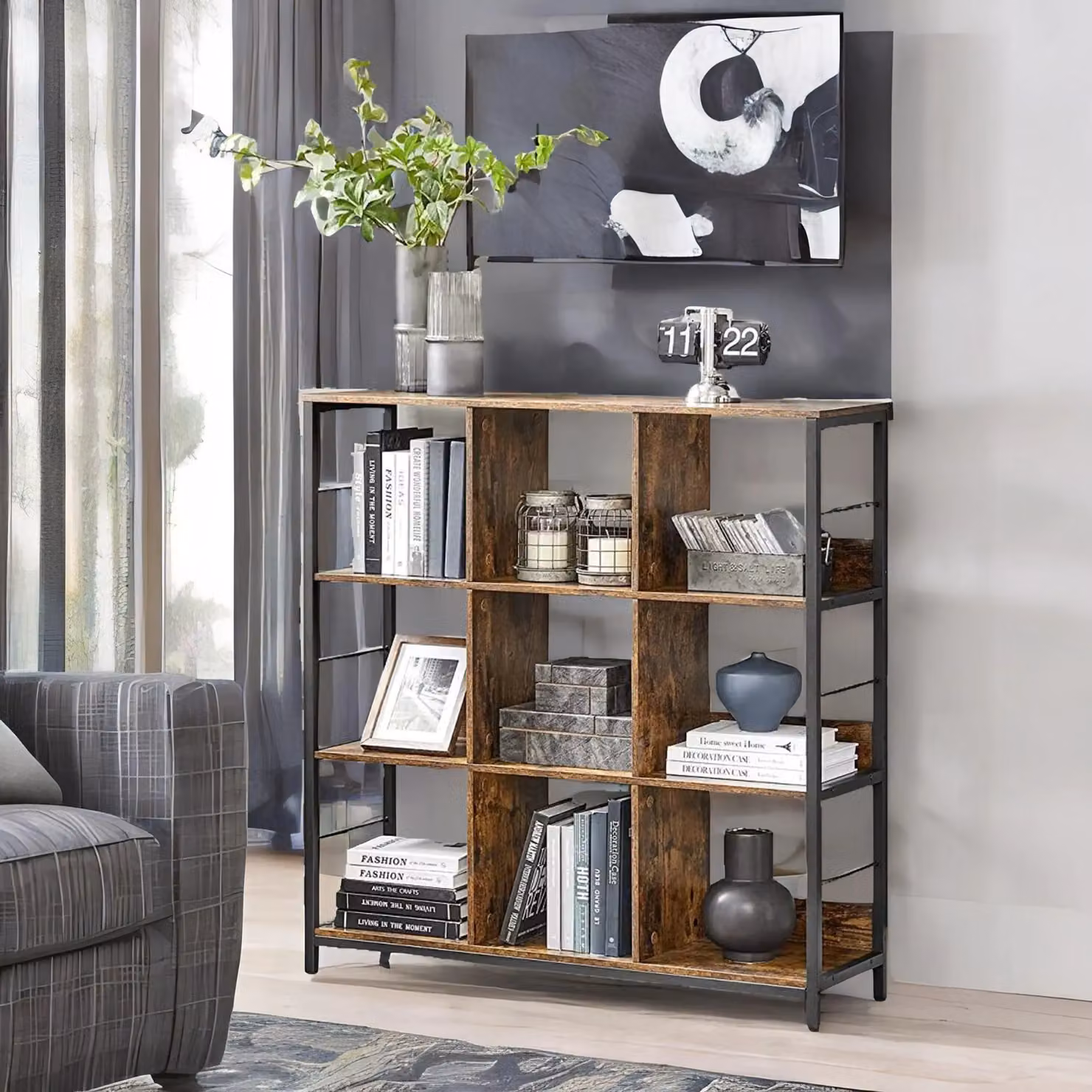 Rafaelo Mobilia 3 Tier Industrial Rustic Cube Storage Shelf with 9 Compartments in Dark Brown – 2