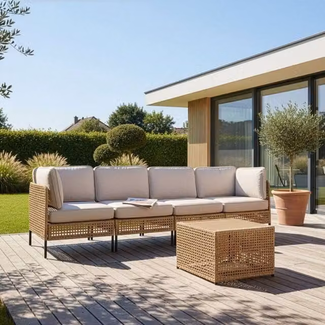 Wyld and Coco Veranda Luxe 4-Seater Outdoor Sofa Set with Coffee Table in Light Beige PE Rattan and Powder Coated Steel