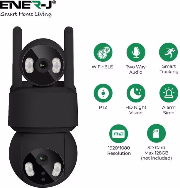 ENER-J Smart Wi-Fi Dual Lens Outdoor Dome IP Camera with Black Housing and IP65 Rating – 1