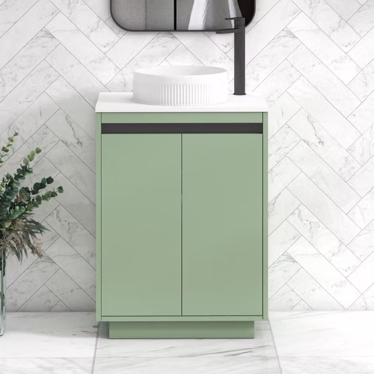 Royal Bathrooms Orion 600mm Mint Sage Floor Standing 2 Door Vanity Unit with Round Basin and Black Accent Trim