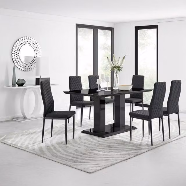 FurnitureboxUK Imperia Black Dining Set with 6 Milan Black Leg Chairs and Rectangular Glass Table