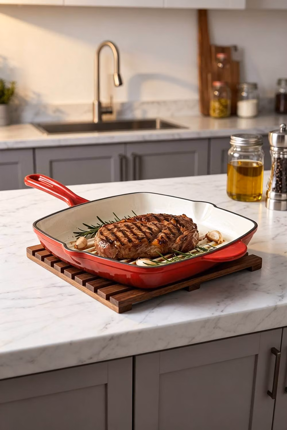 ExtraStar Enamelled Cast Iron Frying Pan with Pouring Spout in Red – 4