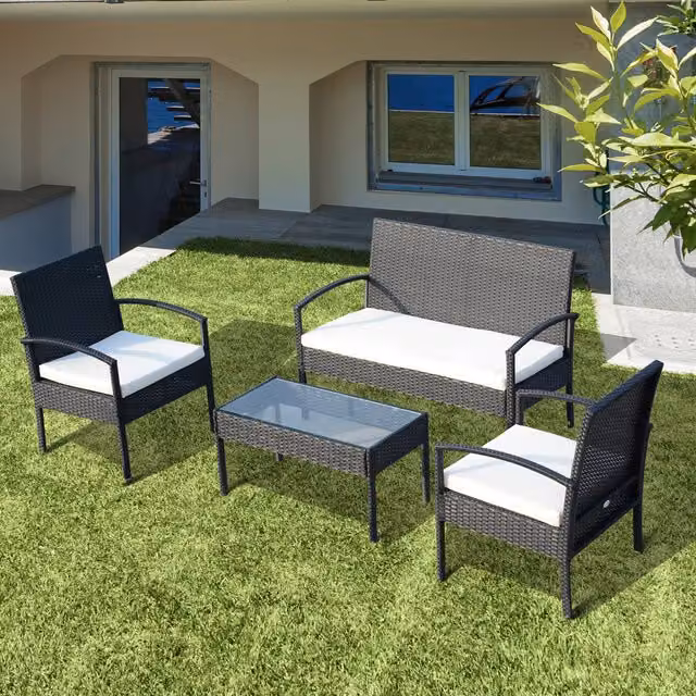 Outsunny 4-Piece Polyrattan Bistro Set with Glass Table in Black