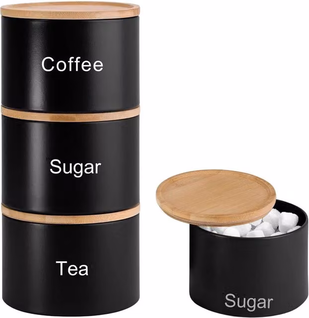 Havendro Set of 3 Black Airtight Metal and Bamboo Stacking Canisters for Tea, Coffee and Sugar